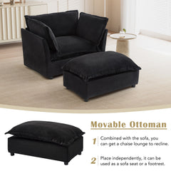 Modern Armchair Sofa 47' Cozy Upholstered Sofa Chair with Movable Ottoman, Black Chenille, Wide Seat & Curved Armrests