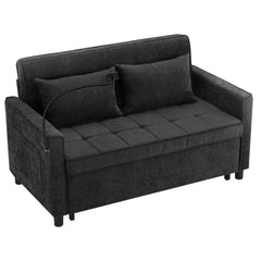 Contemporary 56.9' Loveseat Sofa Bed Sleeper with Reversible Backrest, Side Pockets, USB Ports, Phone Holder, Black Chenille