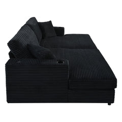 Oversized Loveseat Chaise Lounge Sectional Sofa Bed with USB Ports, Cup Holders, and Pillows, Black Corduroy