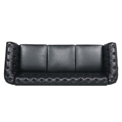 84.65' BLACK PU Rolled Arm Chesterfield Three Seater Sofa.