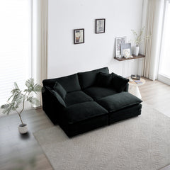 4 - Piece Upholstered Sectional Sofa, 1 - Piece of 2 Seater Sofa and 2- Piece of Ottomans , 2 Seater Loveseat Lounge with Ottomans , Black Chenille