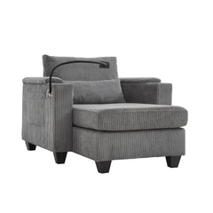 Convertible Chaise Lounge Sofa Chair Corduroy Sleeper with USB Ports, Cup Holders, Storage, Grey
