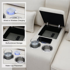 [VIDEO provided] [New] 114.2' Upholstered Sofa with Console, 2 Cupholders and 2 USB Ports Wired or Wirelessly Charged, Modern Linen Fabric Couches with 4 Pillows for Living Room, Apartment (4-Seat)