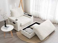 Luxurious Oversized Chaise Lounge Sofa Bed with Storage Ottoman and Armrests, Cup Holders, Faux Rabbit Fur, 42-Inch for Living Room or Bedroom