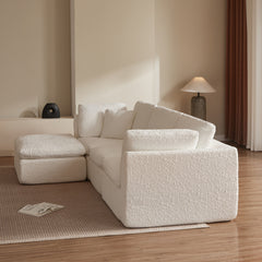 Cloud Style L-Shape Modular Sectional Sofa with Ottoman, 3 Seater Convertible Couch in Warm White, Chenille Fabric, 110' Width