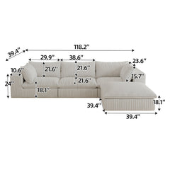 118.2' Cloud Sofa,Corduroy Fabric,Deep Seat Couches,Double-layer design,Removable Cushion,No Assembly, DIY Combination for Living room, Bedroom,Conference room ,Apartment,White