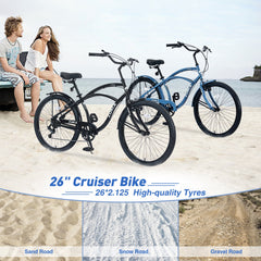 7 Speed Bicycles,  Multiple Colors 26'Inch  Beach Cruiser Bike