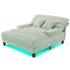 Modern Chaise Lounge Sofa Bed with Adjustable Backrest and LED Light Strip, Green Chenille Upholstered, 57.1 Inches