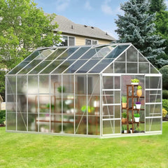 [10x16FT] Extra Large Heavy Duty Backyard Polycarbonate Aluminum Greenhouse With Sliding Doors And Vents (SAK97526)