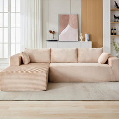 Compression Sectional Couch with Comfy Chaise, Boneless L Shape Sofa with Deep Seat, Minimalist Modular Couches Sleeper for Living Room Bedroom Apartment Lounge,corduroy,Beige
