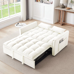 55.1-inch 3-in-1 convertible sofa bed, modern velvet double sofa Futon sofa bed with adjustable back, storage bag and pillow, for living room, bedroom (Off white)