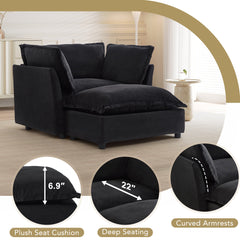 Modern Armchair Sofa 47' Cozy Upholstered Sofa Chair with Movable Ottoman, Black Chenille, Wide Seat & Curved Armrests