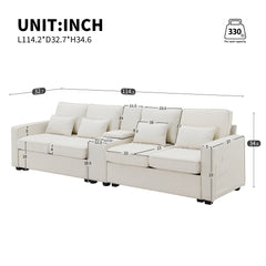 [VIDEO provided] [New] 114.2' Upholstered Sofa with Console, 2 Cupholders and 2 USB Ports Wired or Wirelessly Charged, Modern Linen Fabric Couches with 4 Pillows for Living Room, Apartment (4-Seat)