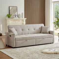 3 in 1 Convertible Sleeper Sofa Bed, Modern Fabric Loveseat Futon Sofa Couch Pullout Bed, Small Love Seat Lounge Sofa Reclining Backrest, Pillows, Pockets, Home furniture for Living Room, Beige