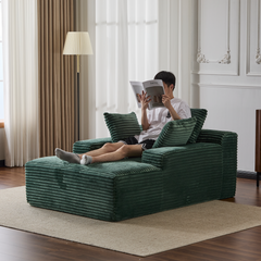 Oversized Chaise Lounge Chair Cozy Cloud Couch, Modern Plush Corduroy Upholstered Sleeper Sofa Daybed with 3 Throw Pillows and Wide Armrest for Living Room, No Assembly Required,Green