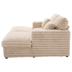 Plush Upholstered Oversized Double Chaise Lounge Sofa with USB Ports and Cup Holders, Champagne, Faux Rabbit Fur, 83.5'