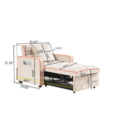 Modern Three-in-One Folding Sofa Bed Chair with Adjustable Back in Creamy White Velvet
