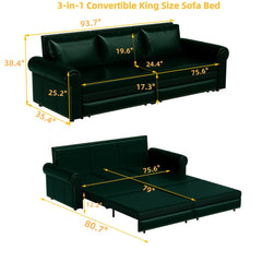 93.7 ' Pull Out Sofa Bed, 3-in-1 Faux Leather Convertible Sleeper Sofa with Nailhead Trim & Rolled Arm,Multi-Functional Sofa Bed for Living Room,Bedroom,Apartment,Office