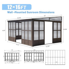 [12x16FT] Extra Large All-Season Outdoor Wall-Mounted Sunroom Solarium With Detachable Polycarbonate Windows And Lockable Sliding Doors (SAK97835)