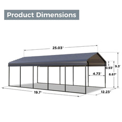 [12x25FT] Heavy Duty Extra Large Multi Vehicle Carport Kit With Galvanized Steel Roof (SAK37514)
