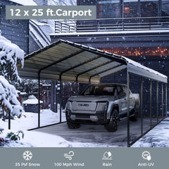 [12x25FT] Heavy Duty Extra Large Multi Vehicle Carport Kit With Galvanized Steel Roof (SAK37514)