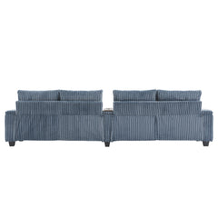 Modern 4-Seater Corduroy Sofa Couch with USB Ports, Hidden Storage, Flip-Top Cup Holders, Blue, 133'