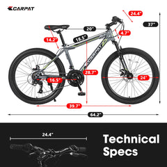 S24102   24 Inch Mountain Bike Boys Girls, Steel  Frame, Shimano 21 Speed Mountain Bicycle with Daul Disc Brakes and Front Suspension MTB