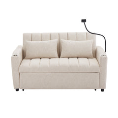 Convertible Sofa Bed Loveseat with USB Ports, Side Pockets, Cup Holders, Swivel Phone Holder, Beige, Bella Fabric