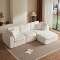 Cloud Style L-Shape Modular Sectional Sofa with Ottoman, 3 Seater Convertible Couch in Warm White, Chenille Fabric, 110' Width