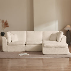 Cloud Style L-Shape Modular Sectional Sofa with Ottoman, 3 Seater Convertible Couch in Warm White Beige, Chenille Fabric, 110 Inch