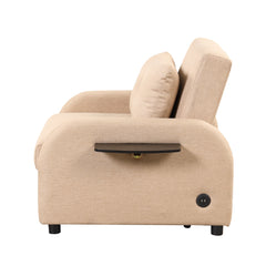 Versatile Pull Out Sofa Sleeper 3 in 1 with Wing Table & USB Charge, Beige Linen, Compact Design