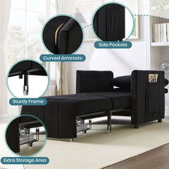 Upholstered Convertible Sleeper Sofa with 5-Position Backrest, Side Pockets, Storage, Black Chenille, 31.5'