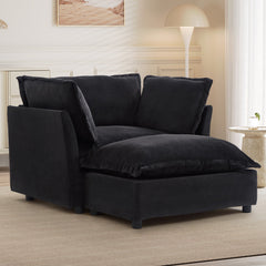 Modern Armchair Sofa 47' Cozy Upholstered Sofa Chair with Movable Ottoman, Black Chenille, Wide Seat & Curved Armrests