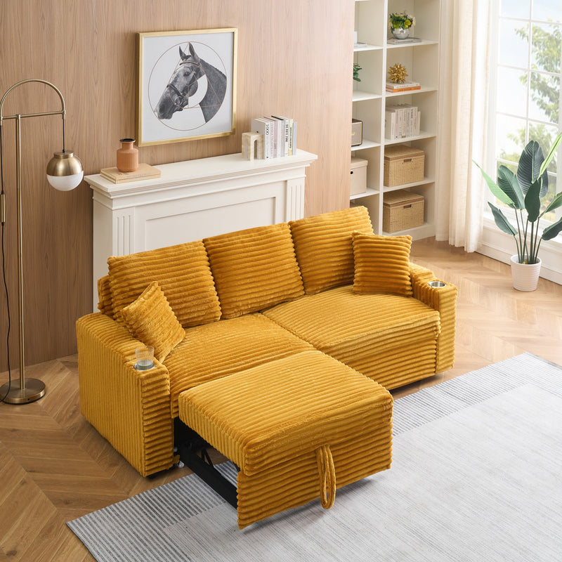 80-inch two-in-one pull-out sofa, foldable and hidden reclining function, corduroy fabric, equipped with cup holder and pillow, easily adaptable to living room space, orange