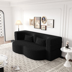 Modern Floor Sofa with 2 Pillows,Convertible Teddy Fabric Foam Filled Sleeper Sofa Bed,15 ' Full Size Folding Mattress for Living Room,Guest Bed,Playroom,No Assembly Required,Black