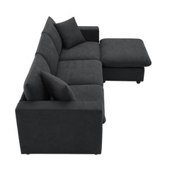 Modern Sectional Sofa with Convertible Ottoman and 2 Free Pillows, L-shaped 4-Seat Polyester Fabric Couch Set, Black