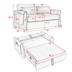 55' Modern Convertible Sofa Bed with 2 Detachable Arm Pockets, Velvet Loveseat Sofa with Pull Out Bed, 2 Pillows and Living Room Adjustable Backrest, Grid Design Armrests
