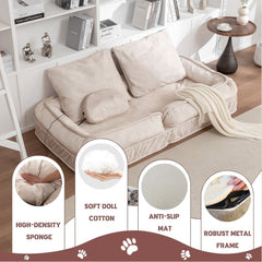 Upholstered Human Dog Bed for Adults and Pets - Bean Bag Floor Sofa with Massage Pillow, 5 Adjustable Positions & 2 Soft Pillows - Beige Velvet with Foam and Iron - Plastic Frame