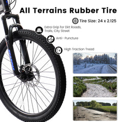 A2460 24 Inch Mountain Bike with Full Suspension, 21 Speed Shifter Lever with Gear Indicator, High Carbon Steel Frame, Mechanical Disc Brakes, Unisex for Men/Women/ Adults, Ideal for Trails.