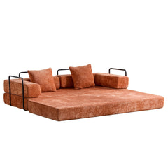 Floor Couch,Compression Sofa,Convertible Floor Sofa Bed-with Pillow Back Support Armrest,Comfy Futon Couch Lounge Sleeper Bed,chenille fabric,for Living Room Bedroom (orange)