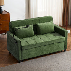 Convertible Loveseat Sofa Bed with Adjustable Backrest, USB Ports, Phone Holder, Side Pockets, Green Chenille, 56.9'