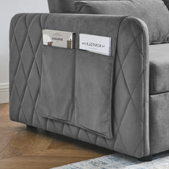 55' Modern Convertible Sofa Bed with 2 Detachable Arm Pockets, Velvet Loveseat Sofa with Pull Out Bed, 2 Pillows and Living Room Adjustable Backrest, Grid Design Armrests
