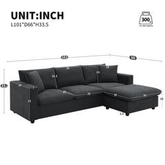 Modern Sectional Sofa with Convertible Ottoman and 2 Free Pillows, L-shaped 4-Seat Polyester Fabric Couch Set, Black
