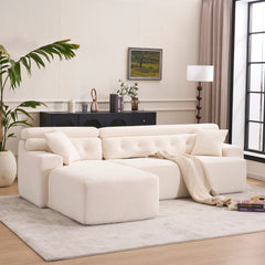 LY-029B Convertible Chaise Sectional Sofa, Full Compression Sponge Modular Couch, Cloud White 3-Seater, Wood Grain Chenille, 2 Pillows, 86'L