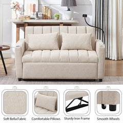 Convertible Sofa Bed Loveseat with USB Ports, Side Pockets, Cup Holders, Swivel Phone Holder, Beige, Bella Fabric