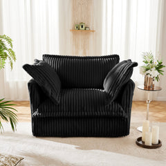 Slip-covered Armchair with 1 Big Back Cushion and 2 Big Toss Pillows, Single Deep Seat Comfy Single Couch Sofa Multiple Large Soft Pillows, Black Corduroy Fabric