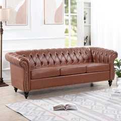 Classic Chesterfield Three Seater Sofa Brown PU Leather with Rolled Arms and Birch Legs 84.65 Inches