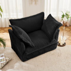 Slip-covered Armchair with 1 Big Back Cushion and 2 Big Toss Pillows, Single Deep Seat Comfy Single Couch Sofa Multiple Large Soft Pillows, Black Corduroy Fabric