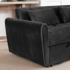 65 '3-in-1 foldable large size sofa bed, modern velvet double sofa, sofa bed with adjustable back, storage bag and pillow, suitable for living room, bedroom (biack)