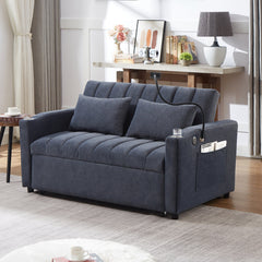 Convertible Sofa Bed Loveseat with USB Ports, Side Pockets, Cup Holders, and Phone Holder in Blue Grey Bella Fabric, 55.9'